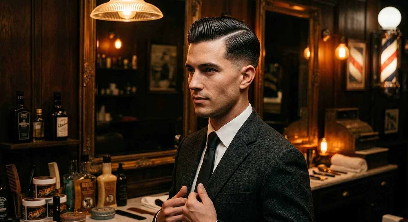 Classic side-part style executed by Dapper Fellas barber team