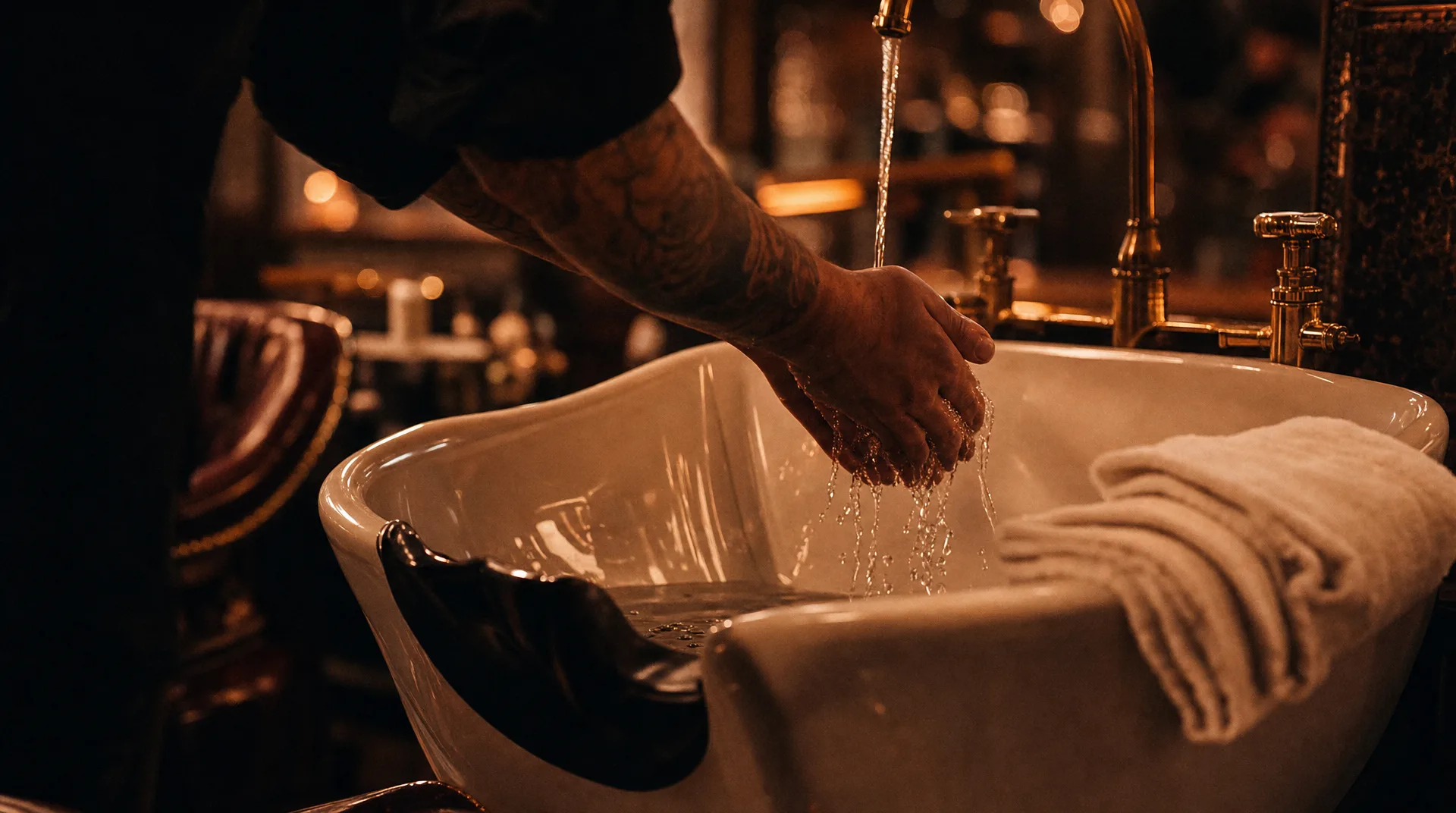 A barber testing the water temperature at a wash basin with a folded towel resting on the edge