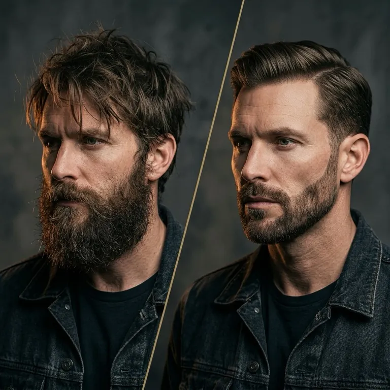 AI Try-On preview: overgrown beard before, full groom after
